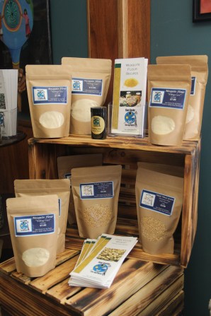 Wheat and mesquite flour for sale inside the farm store. Photo by Angelo Baca