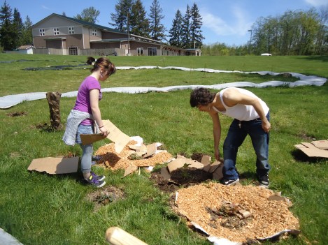 In 2010 Angelo brought Native students from the Big Picture school in Seattle to help with the construction of the berry garden. Here Cassie and Jake are laying out sheet mulching that will keep down weeds once the berry bushes are planted. Photo by Angelo Baca