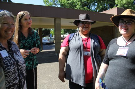 Judy with Savannah Jackson and Sequoia Breck, Oakquest Team Leaders for NAYA. White oak was once prolific in the Portland area, but is now largely missing from the area. Oakquest is working to document places in the region where it is currently growing, so that it can be protected. Photo by Angelo Baca
