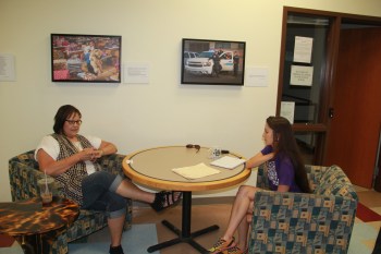 CRYP director Julie Garreau, doing an interview with Elizabeth Hoover. Photo by Angelo Baca