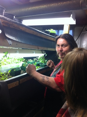 Ted learned about aquaponics while taking the Commercial Urban Agriculture class at Growing Power in Milwaukee. Eventually, he’d like to see this technology utilized around the reservation on a larger scale. In the mean time, he’s experimenting in the basement of the Tsyunhehkwa offices. Photo by Elizabeth Hoover (April 2013). (The head in the foreground is Terri Martinson from the Taos County Economic Development Corporation) 