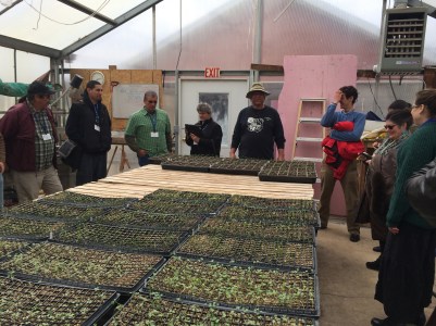 Don Charnon, horticultural farmer and greenhouse manager, giving a tour to Food Sovereignty Summit conference participants in April 2014. Photo by Elizabeth Hoover