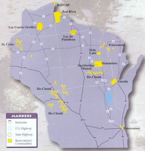 Native communities in Wisconsin. Map courtesy of NativeAmericanEncyclopedia
