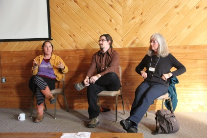 Rowen White (Akwesasne Mohawk who now runs the Sierra Seed Cooperative in CA), Zachary Paige (farmer for the White Earth Land Recovery Project) and Diane Wilson (director of Dream of Wild Health) presented on the Upper Midwest Indigenous Seed keepers Network. The panel talked about the formation of the Network in an effort to help Native communities preserve and utilize their traditional seeds. The Network has conducted a number of seed saving workshops in Native communities, and recently received an ANA (Association for Native Americans) grant to continue this educational work, and to help communities develop a database for their seeds. One of the challenges that the group discussed is remaining a culturally based seed keeper project-- so not just physically keeping the seeds, but also developing a fundamental understanding of the cultural needs of these seeds. Photo by Elizabeth Hoover