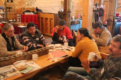 Seed swapping also occurred in the lobby between sessions, where people shared seeds, stories, and growing advice. To the far left is Woodrow White (Ho-chunk) from the Ho-chunk Whirling Thunder garden. To his left is Dan Powless (Ojibway) from the Bad River food sovereignty Project. To his left is Ernie Whiteman (Arapaho) from Dream of Wild Health. To his left is Mike Myers (Seneca) who is currently working for Leech Lake Band of Ojibwe as the Director of the Tribal Development Division. To his right, Rowen White (Mohawk) who is on the board of Seed Savers Exchange, and who is the director of the Sierra Seed Cooperative. To her right is Frank Kutka