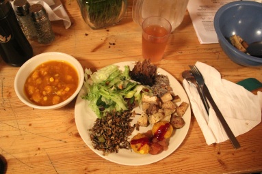 Fabulous meal prepared for us by The Sioux Chef. Squash and hominy soup, buffalo, roasted sunchokes, wild rice flatbread with chokecherry sauce, wild rice salad, and cedar tea. Delicious! Photo by Elizabeth Hoover