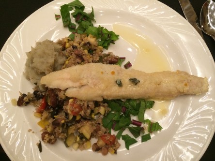 The main course: walleye breaded with Oneida white corn; "three sisters hash", mashed sunchokes, and dandelion greens. Photo by Elizabeth Hoover