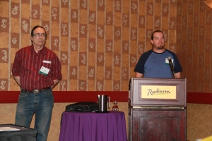 Paul DeMain (Oneida/Ojibway) from Wisconsin and Jerry Jondreau (Ojibway) from Michigan presenting about indigenous maple sugar producers. Photo by Elizabeth Hoover