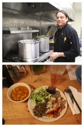 Sean Sherman cooking at the Indigenous Farming Conference at White Earth. Dinner included squash and hominy soup, wild rice, sunchokes and buffalo meat, with cedar tea. (The hosts of the ski lodge insisted on adding the salad. Tasty, but not necessarily part of the theme). Photos by Elizabeth Hoover